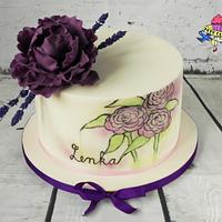 Violet cake with peony lavenders and painted flowers
