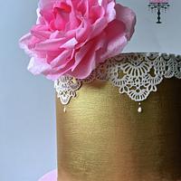 Wafer Paper Rose flower. Gold painted. Edible Lace and Stencil designed cake.