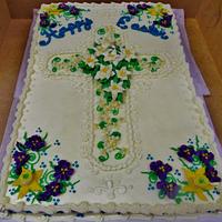 Easter Cross cake w/Easter lilies, & spring flowers in all buttercream.