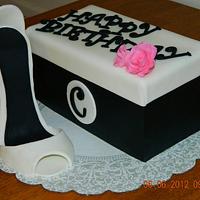 Shoe box cake w/gum paste shoe and flowers.