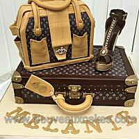 LV (Louis Vuitton) inspired Brown & Gold High Heeled Pump Shoe with Handbag and Suitcase