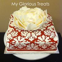 Red & White Damask with giant fantasy flower