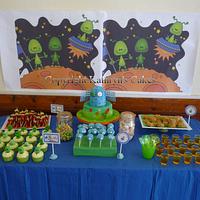 Space Themed Birthday Cake and Dessert Table