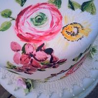 Hand painted Ranunculus, Hydrangeas and Gerbera Wedding cake