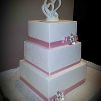Square White Damask Wedding Cake
