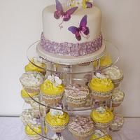 Butterfly and Hydrangea wedding cake with cupcakes