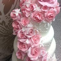 Pink Cascading Rose Wedding Cake