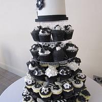 black and white wedding cake and cupcake tower 