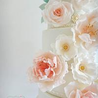 Pink Peony & Roses Wedding Cake