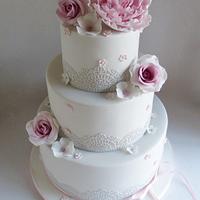 Pale grey with pink peony and roses