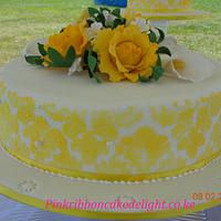 Yellow peony  sugar flower on wedding cake